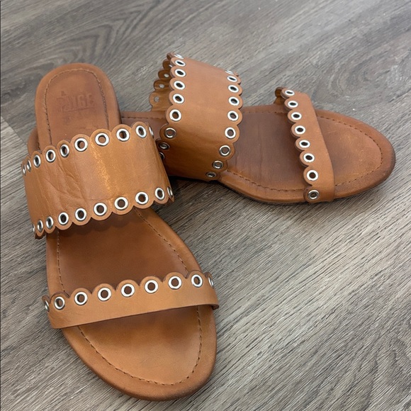 PAIGE Shoes - Paige Devyn Scalloped Grommet Slide Sandal Honey Brown Leather, Cottagecore